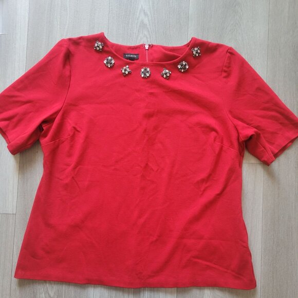 Talbots Womens Red Short-Sleeve Top With Rhinestone Embellishments & Back Zipper - Picture 2 of 9